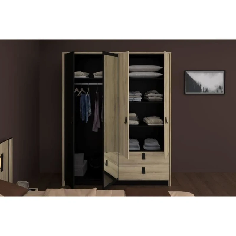 Armoire - Chene / Noir - 4 portes 2 tiroirs - 162 x 52,1 x 199,2 cm - PARISOT