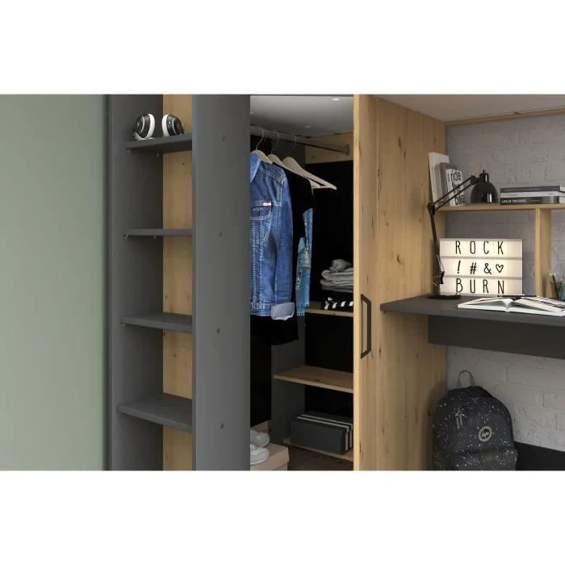 Lit combiné mezzanine enfant PARISOT HIGH - Chene et gris - Sommier inclus - 90 x 200 cm