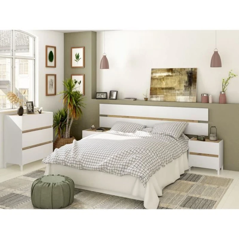 Commode 3 tiroirs - Décor chene et blanc - Finition satinée - L79 x P41 x H90 cm - TEMPUS