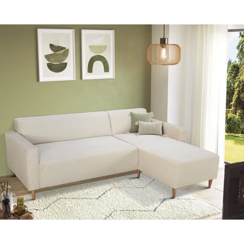 Canapé d'angle réversible - 3 places - BOB - Velours cotelé - Ecru - 197 x 138 x 65 cm