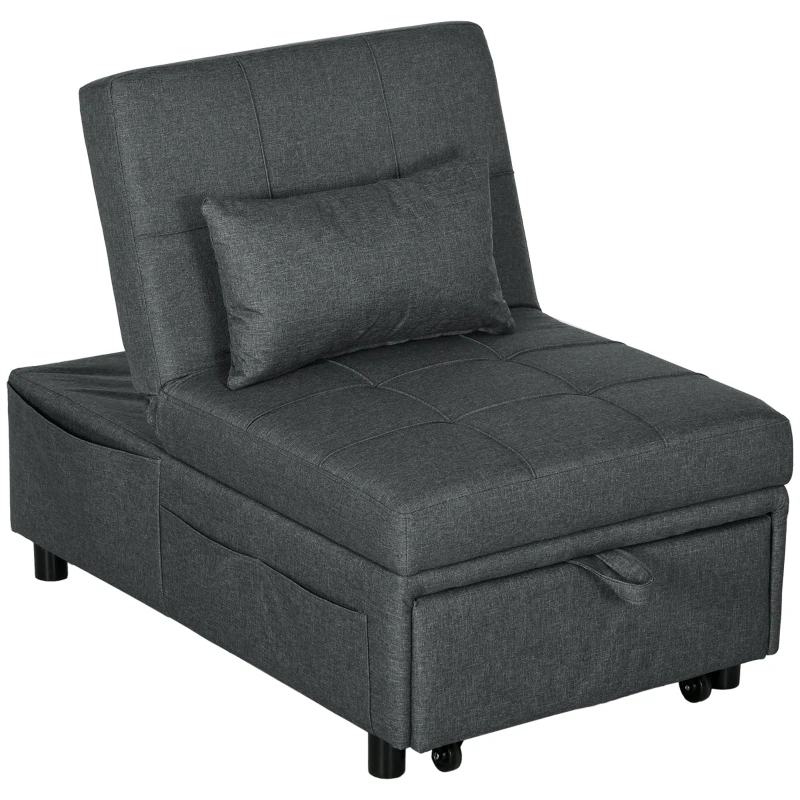 HOMCOM Poltrona Letto Singolo 3 in 1 Reclinabile a 3 Livelli con Cuscino, in Tessuto Effetto Lino, 65.5x104x81 cm, Grigio