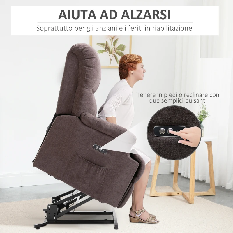 HOMCOM Poltrona Elettrica Alzapersona Reclinabile 150°, Poltrona Relax Elettrica in Velluto con Connettore USB, Motore, Poggiapiedi e Tasche Laterali per Anziani, Marrone