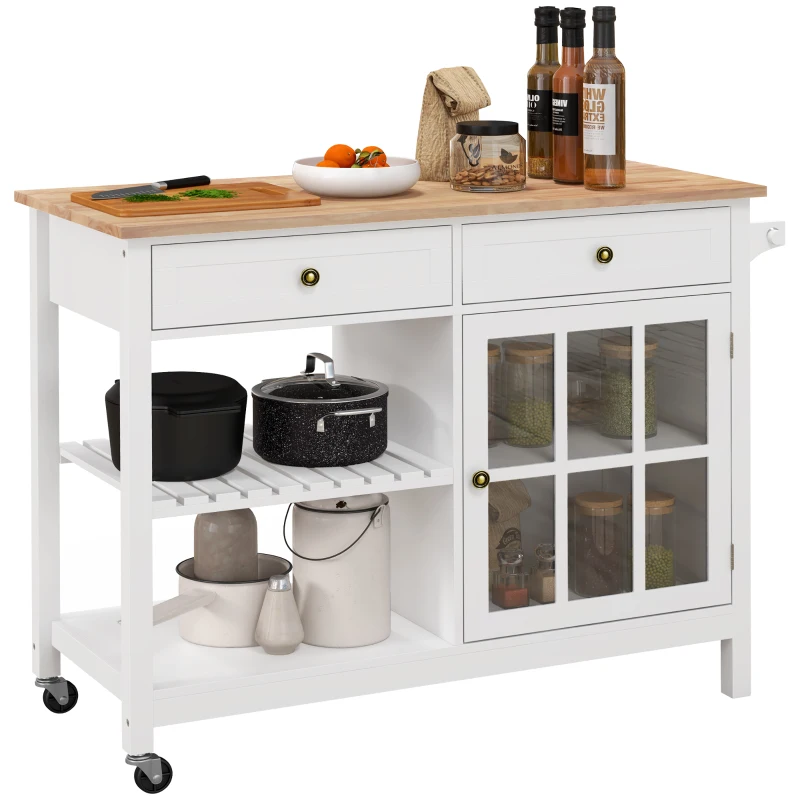 HOMCOM Carrello da Cucina in Legno Portavivande e Utensili, 2 Ruote Cassetti e Mensole, Multiuso e Salvaspazio, Bianco, 116.5x48x86.5cm