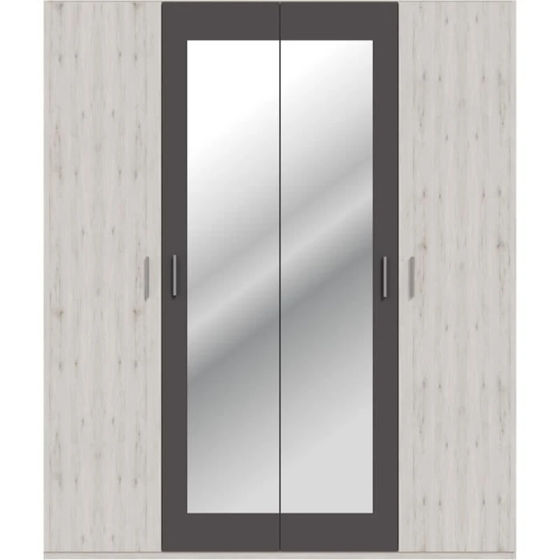 Armoire de chambre - ADRIA - Décor Chene cendré / Gris foncé - 4 portes battantes - 2 miroirs - L177,5 x P54,2 x H210,5 cm