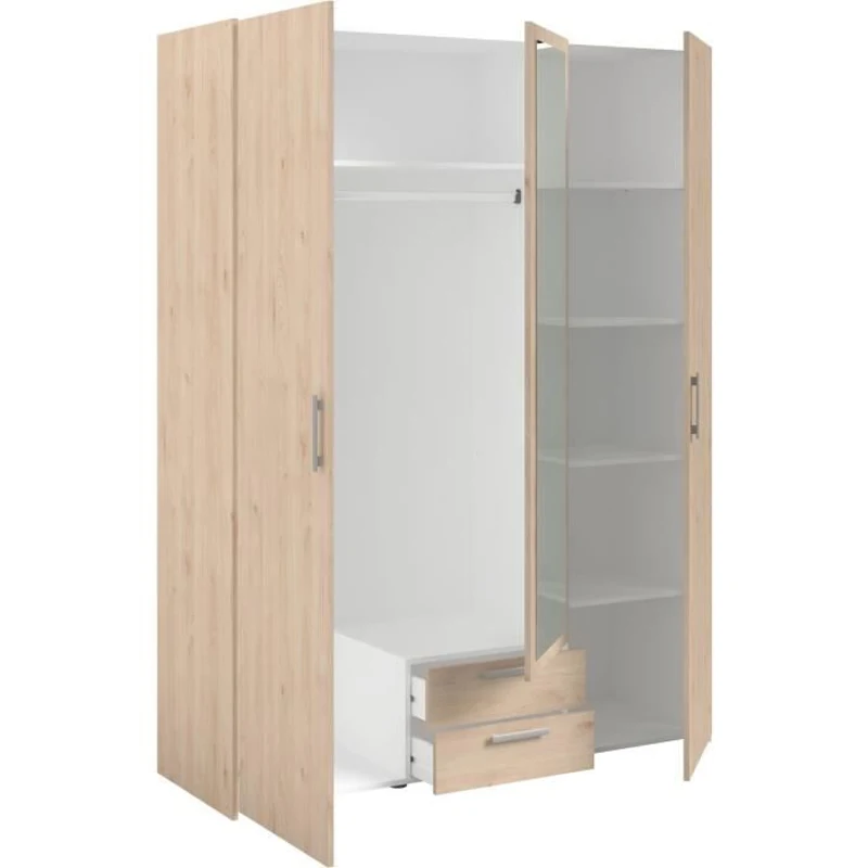 Armoire VARIA - Décor chene - 3 portes  + 2 tiroirs + miroir -  L 150 x H 200 x 51 cm
