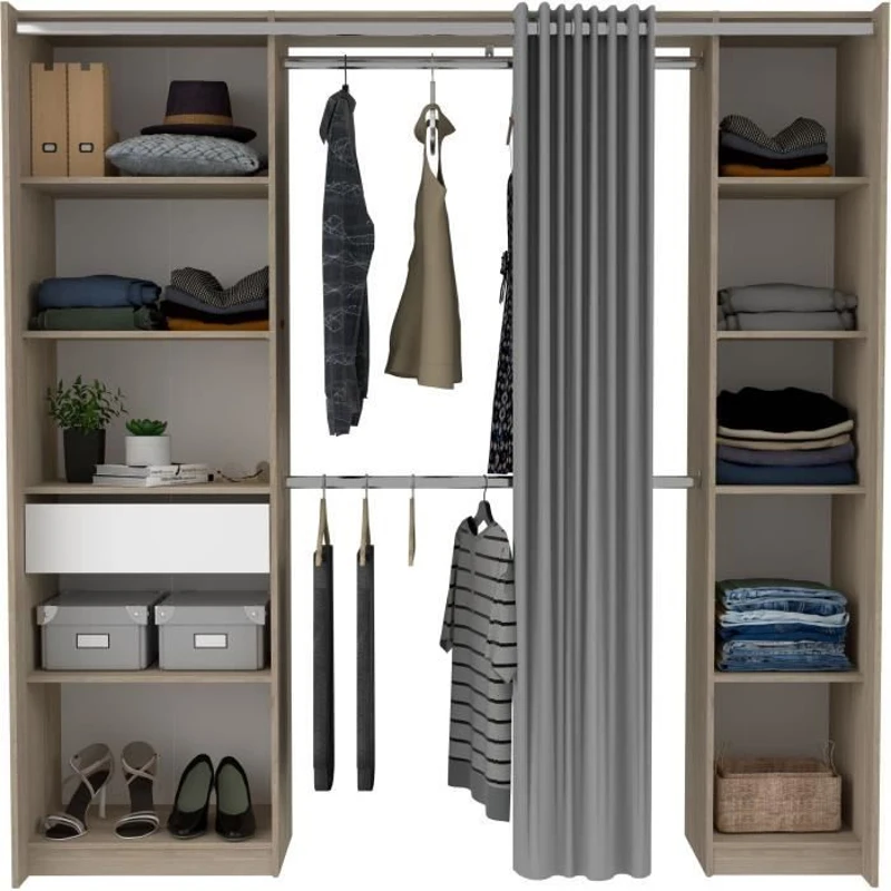 EKIPA - Kit Dressing - 2 Colonnes - 1 tiroirs - 10 étageres - Décor Chene dakota blanc - 198 x 200,3 x 50 cm - GARANCE