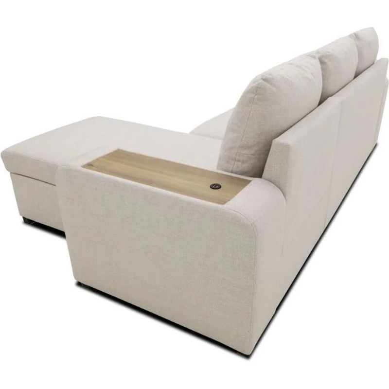 Canapé d'angle convertible réversible VALDO 3 a 4 places - Tissu Beige - Tablette avec USB - Coffre + Pouf - L247xP143xH86 cm