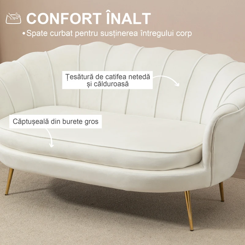 Homcom Canapea Vintage 130×77×77 cm – 2 Locuri, Catifea Crem, Stil Chic(m-5)