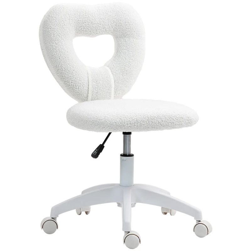HOMCOM Sedia da Ufficio Imbottita con Schienale a Cuore e Rotelle, in Velluto Teddy e Plastica, 45x56x78-88 cm, Bianco