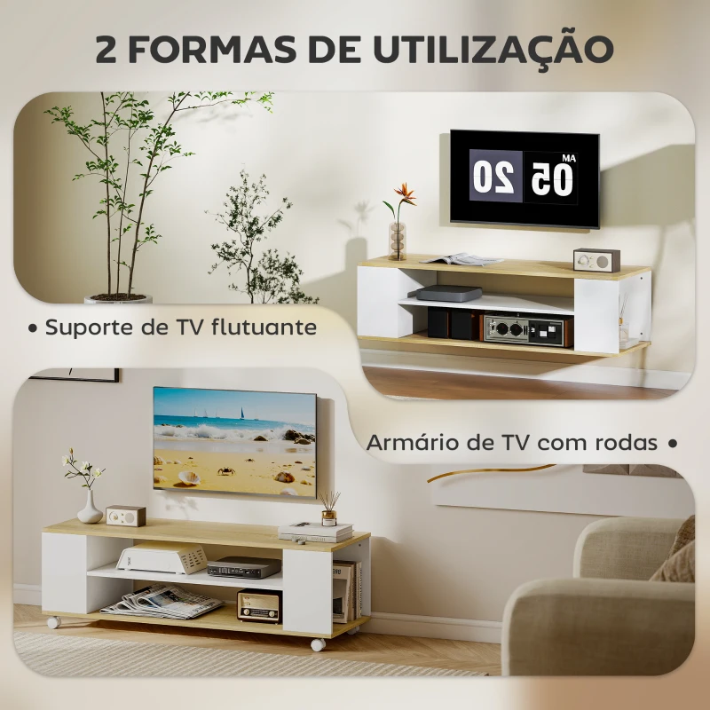 HOMCOM Móvel para TV com Rodas Armário para TV Flutuante com 2 Portas e 2 Prateleiras 120x40x38,5cm Branco e Madeira