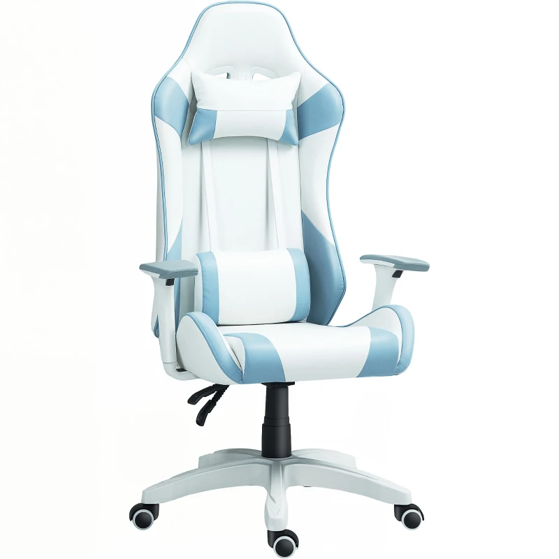 HOMCOM Cadeira Gaming Reclinável com Almofada Lombar Apoio de Cabeça Basculante e Altura Ajustável 67x60x120-128 cm Branco e Azul