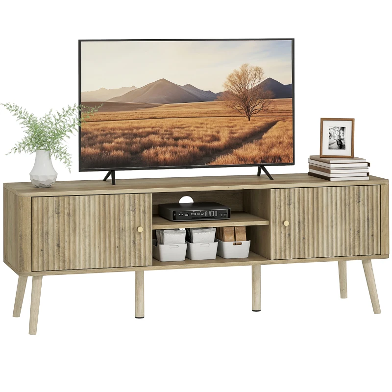 HOMCOM TV-Möbel, TV-Möbel bis 65 Zoll mit 2 Türen, 2 offenen Fächern, verstellbarer Regal, 140x35x49cm, Eiche
