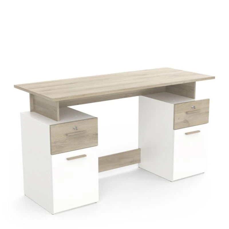 Bureau avec rangements - PLATON - Chene / blanc mat - L134,8 x P55 x H76,4 cm - DEMEYRE