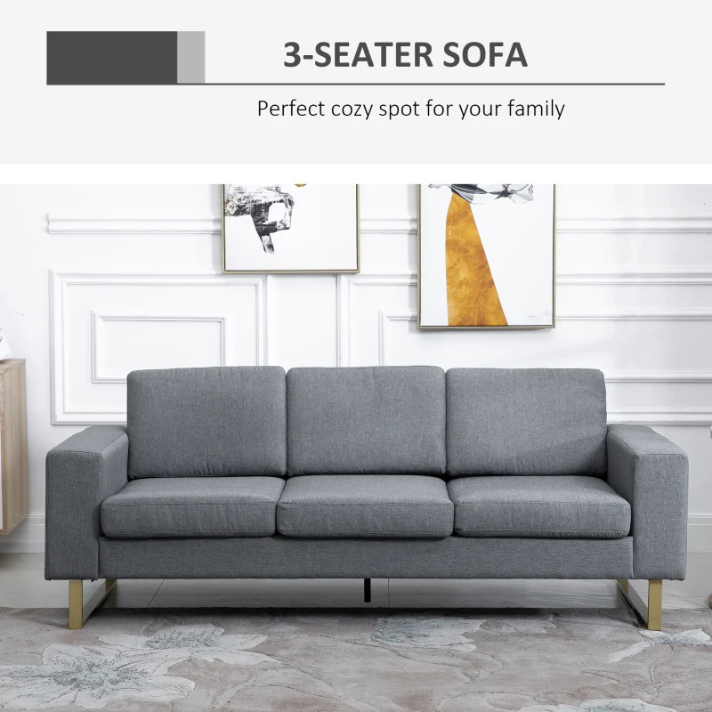 HOMCOM 3 Seater Sofa - Linen Upholstered, Cozy Padded Couch with Steel Legs, Backrest, and Wide Armrests for Living Room, Bedroom, Dark Grey