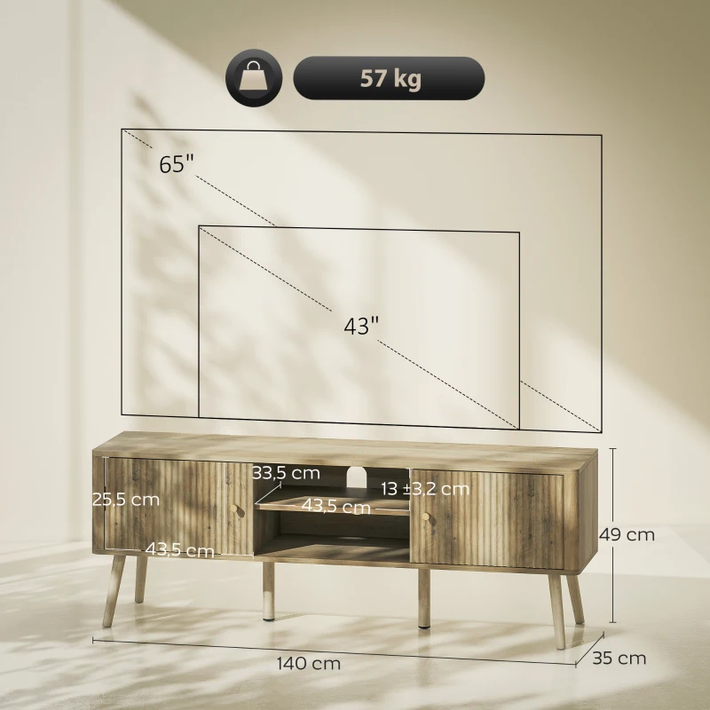 HOMCOM TV-Möbel, TV-Möbel bis 65 Zoll mit 2 Türen, 2 offenen Fächern, verstellbarer Regal, 140x35x49cm, Eiche