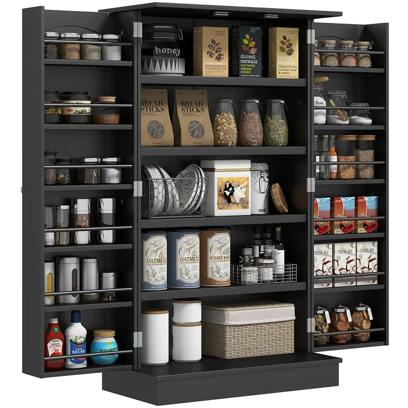 HOMCOM Küchenschrank Speisekammer Küche mit 2 Türen und 16 Regalen Moderner Vorratsschrank mit verstellbaren Regalen 60x30x104cm Schwarz