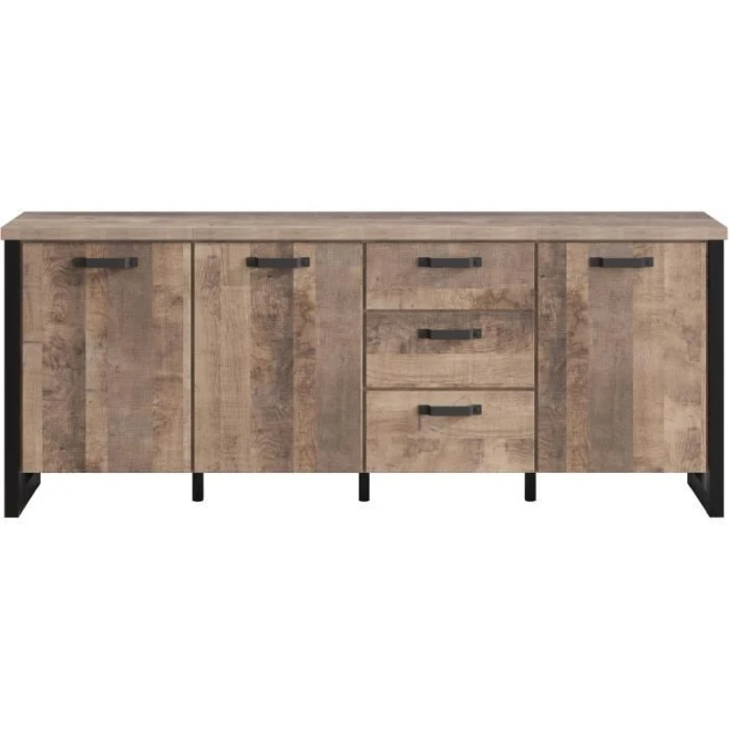 Buffet EMILE - Mélamine chene brun tabac et noir mat - 3 Portes + 3 Tiroirs - L214 x P45 x H86 cm - TRENDTEAM