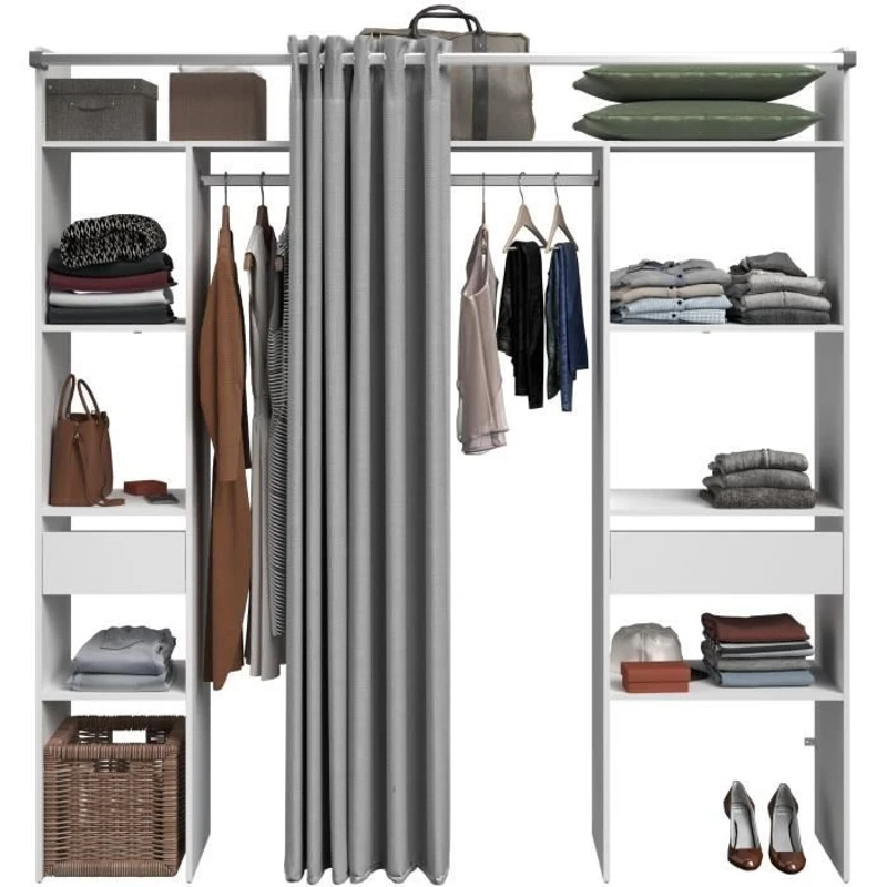 Kit dressing ARTIC avec rideau - Décor Blanc - 2 colonnes + 2 penderies + 2 tiroirs - L 198 x P 40 x H 203 cm - EKIPA