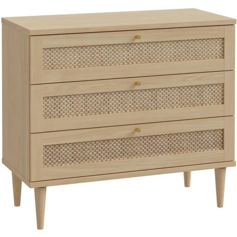 Commode - 3 tiroirs - Décor Chene- Cannage - L90,4 x P41,4 x H80 cm - CALASETTA