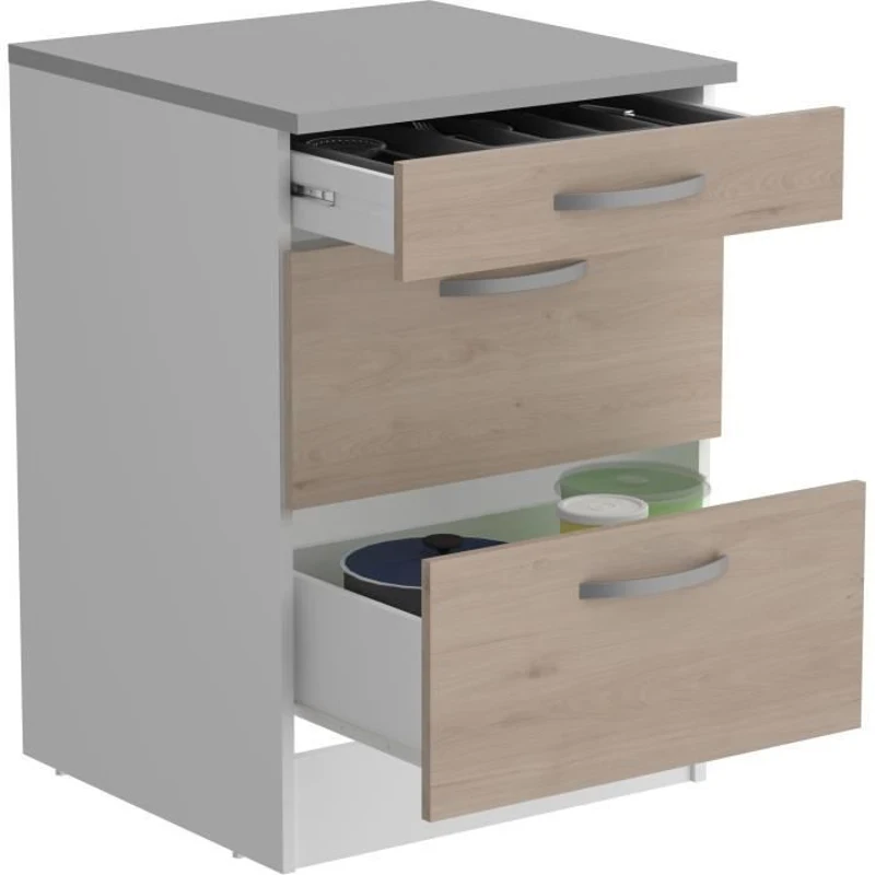 OSLO Meuble Bas 3 tiroirs + plan - Décor Chene Jackson - L 60 x P 60 x H 86 cm