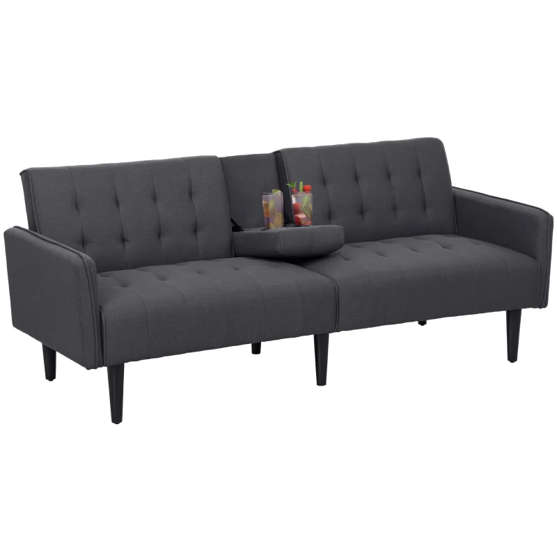 HOMCOM Three-Seater Sofa Bed, with Cupholders - Grey
