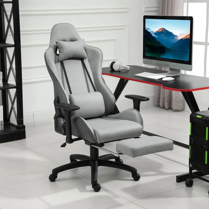 Vinsetto bureaustoel, computerstoel, draaistoel met afneembare hoofd- en lendenkussens, schommelfunctie, ergonomische bureaustoel, draaibaar, in hoogte verstelbaar, PP linnen stof, grijs 73 x 57 x 127-135 cm