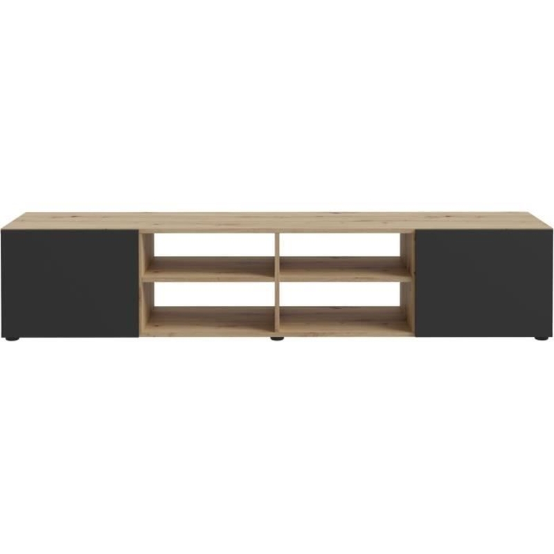 Meuble TV PILVI - Style contemporain- Décor Chene et noir - 2 Portes + 4 niches - L 180 x P 42 x H 37 cm