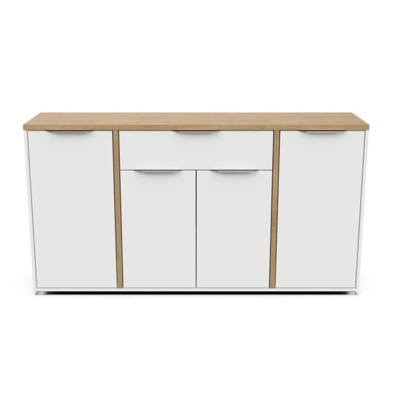 Ensemble Salon ACCESS : Table basse + Banc TV + Enfilade 4 portes - Decor chene Hamilton et blanc