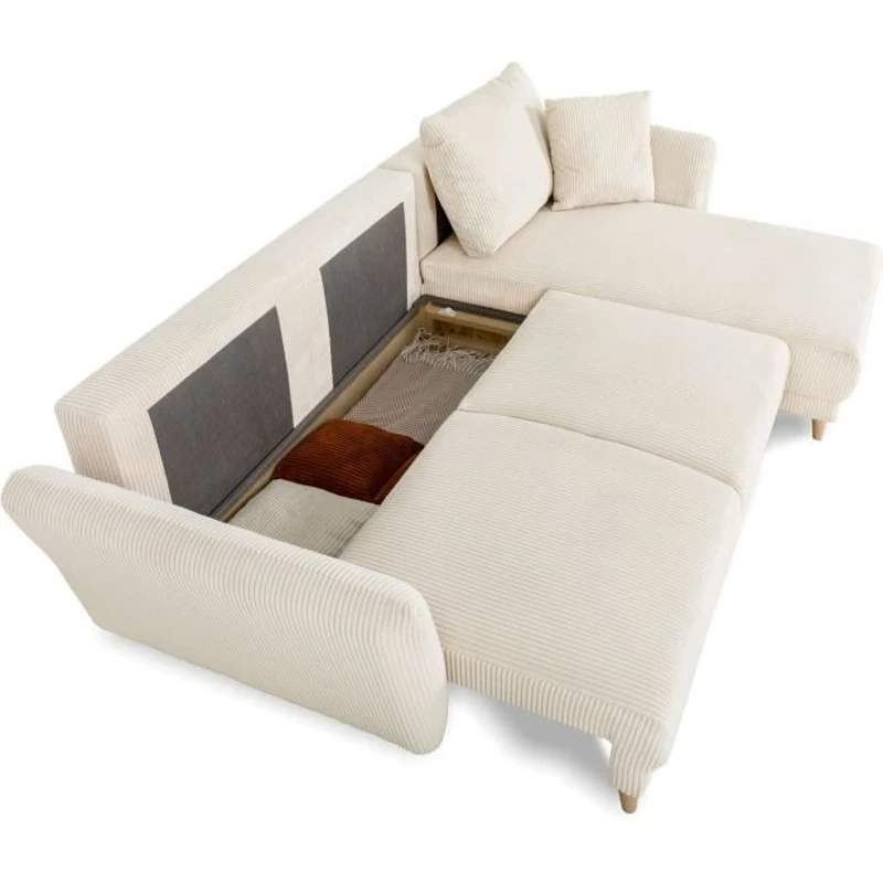 Canapé d'angle convertible réversible - 3 / 4 places - CLAUDIUS - Tissu Velours côtelé beige - Coffre - 244 x 158 x 86 cm