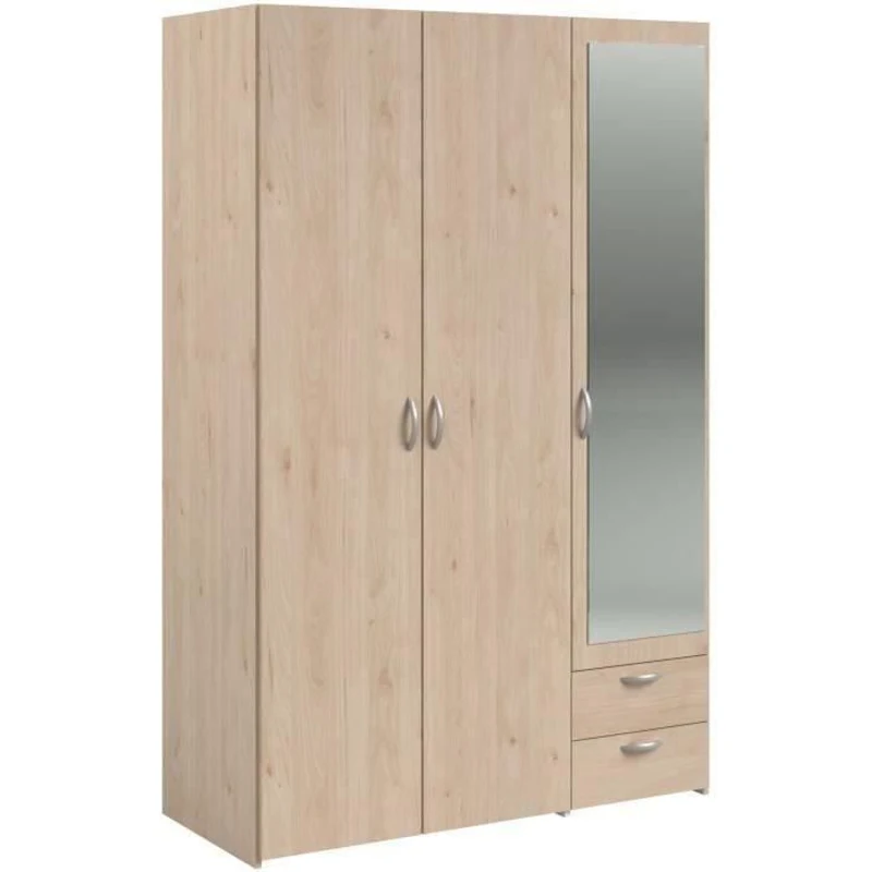 Armoire VARIA - Décor chene - 3 portes - 2 tiroirs - Porte droite avec miroir - 120,3 x 185 x 51,7