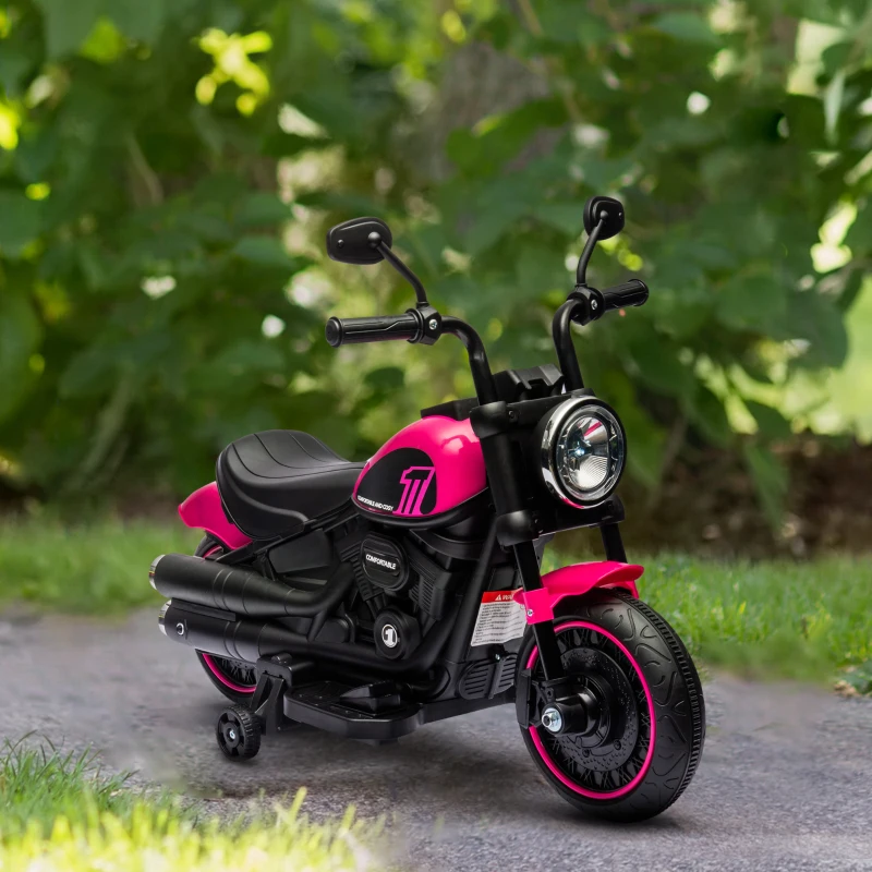 HOMCOM Elektrische kindermotorfiets met zijwieltjes, koplamp, 1,5 tot 3 km/u, roze(m-10)