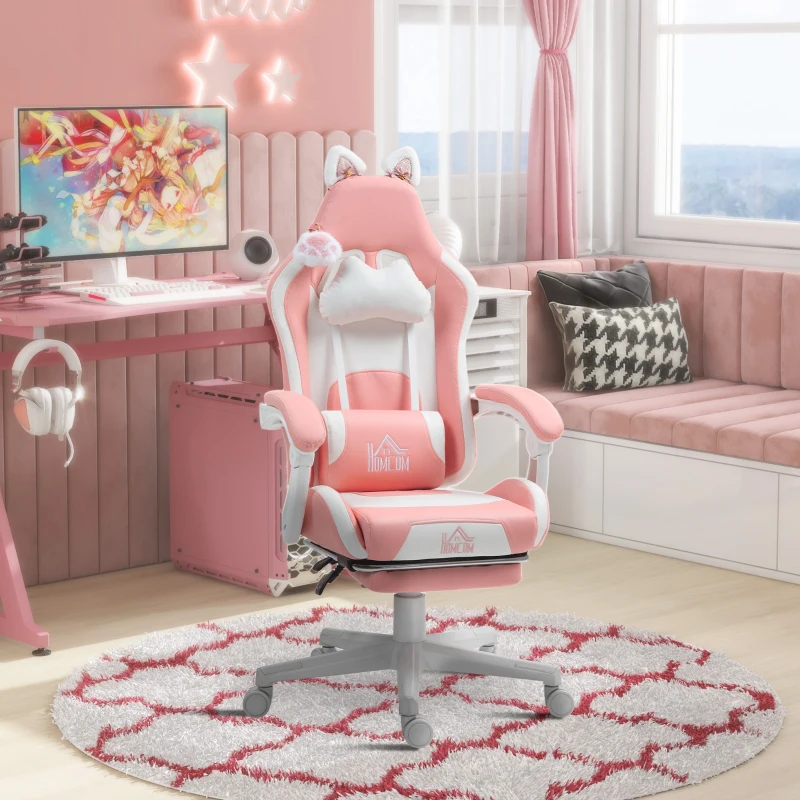HOMCOM Gamingstoel met Kattenoren, Kantelbare Rugleuning, Uittrekbare Voetensteun, Tot 120 kg, Roze/Wit(m-10)