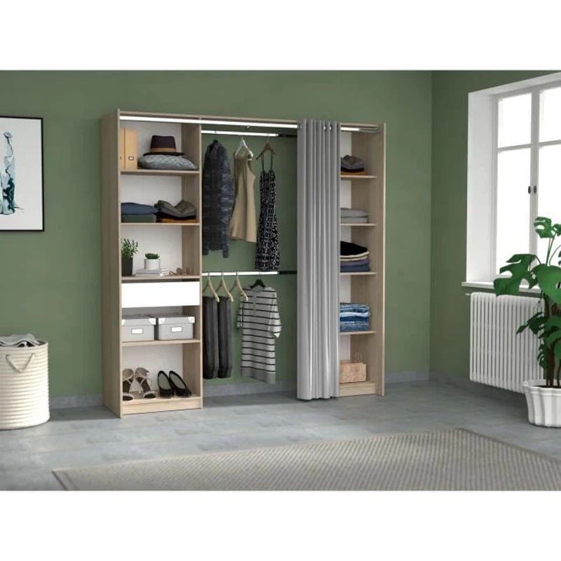 EKIPA - Kit Dressing - 2 Colonnes - 1 tiroirs - 10 étageres - Décor Chene dakota blanc - 198 x 200,3 x 50 cm - GARANCE