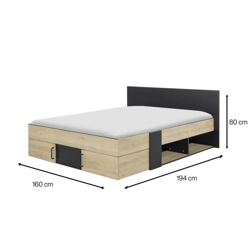 DIAGONE Lit adulte avec tiroirs de rangement  - Chataignier et noir - 140 x 190 - SWIVEL