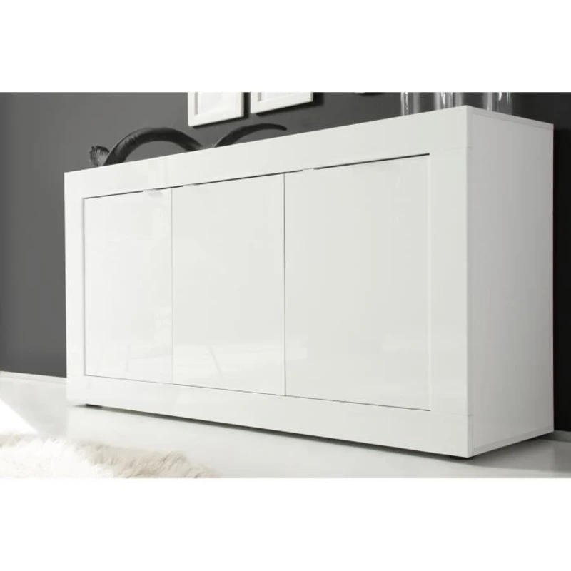 Buffet BASICO - Décor blanc laqué brillant  - 3 Portes - L160 x P42 x H85,8 cm