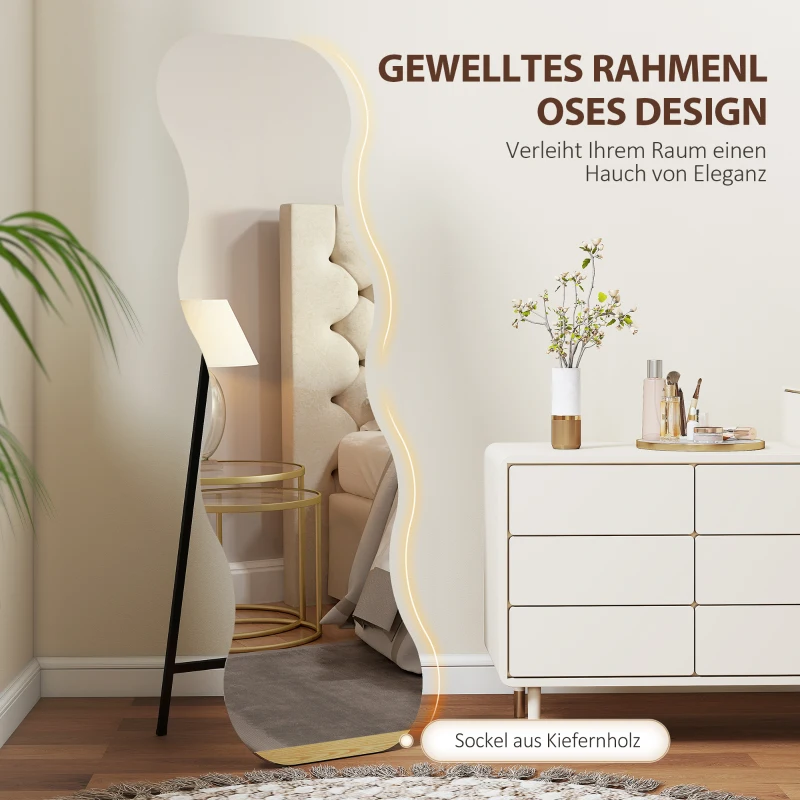 HOMCOM Frameless Ganzkörperspiegel, houten basis, flexibel te plaatsen, golfvormig, Zwart
