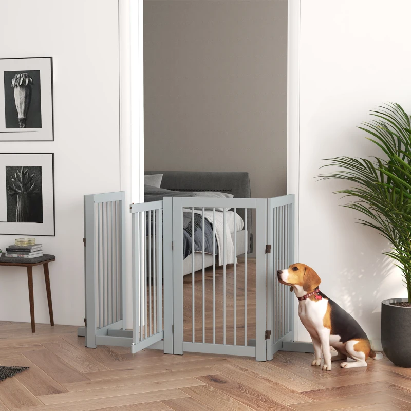 PawHut Hondenhek, vrijstaand, opvouwbaar, met deur & voeten, houten frame, 220x36x91 cm, Lichtgrijs(m-10)