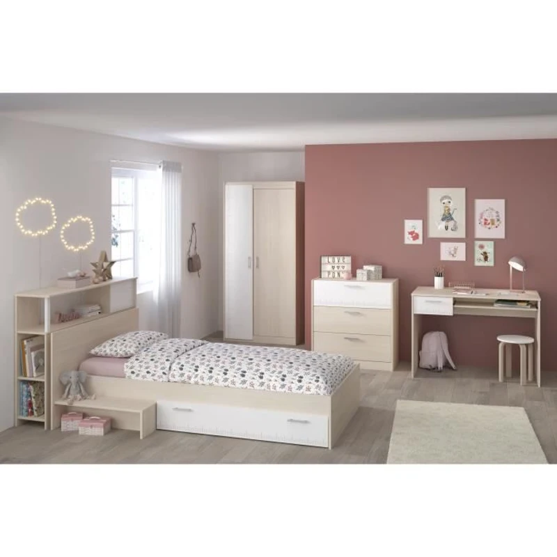 PARISOT Chambre enfant complete - Tete de lit + lit + commode + armoire + bureau - contemporain - Décor acacia clair et blanc -