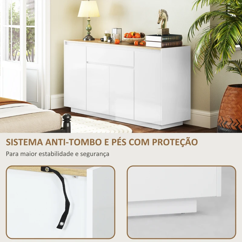HOMCOM Aparador de Sala de Estar com 4 Portas Gaveta e Prateleiras Ajustáveis 140x40x75 cm Madeira e Branco Brilhante