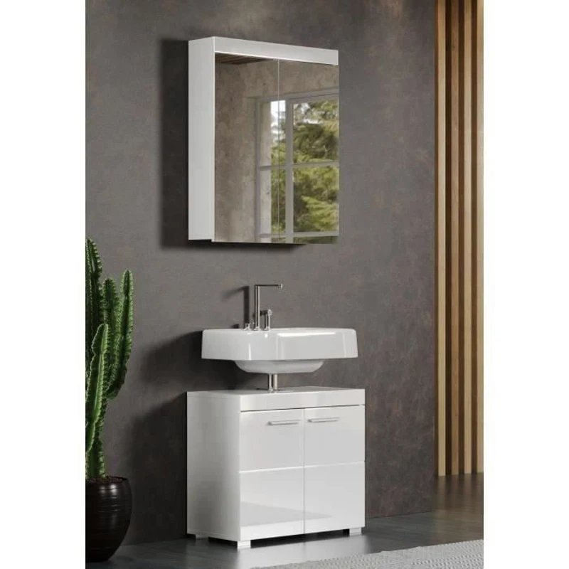 Meuble de salle de bain - Armoire de toilette - Miroir - 2 portes - Blanc - L60 x P17 x H77cm - AMANDA