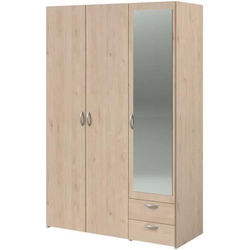 Armoire VARIA - Décor chene - 3 portes - 2 tiroirs - Porte droite avec miroir - 120,3 x 185 x 51,7