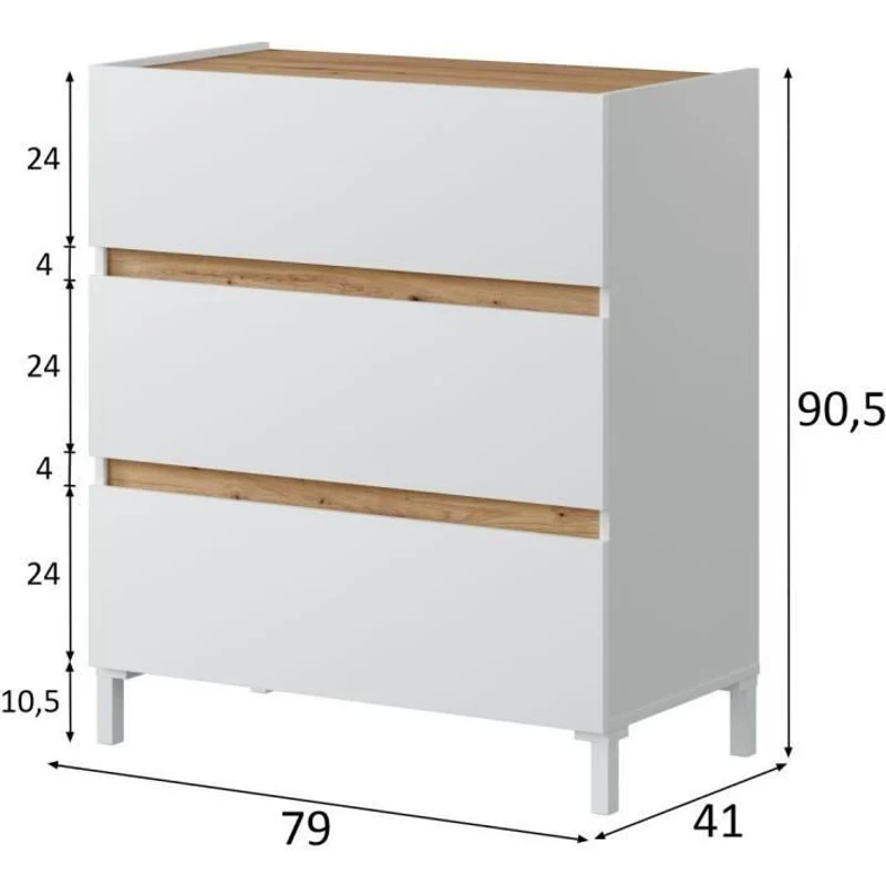 Commode 3 tiroirs - Décor chene et blanc - Finition satinée - L79 x P41 x H90 cm - TEMPUS