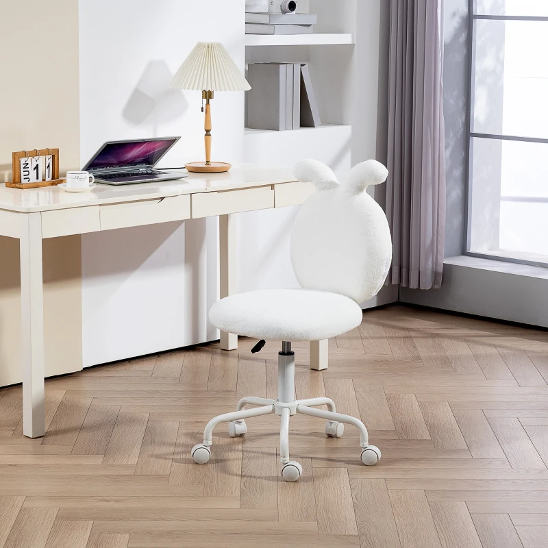 HOMCOM Gestoffeerde Stoel met Konijnenoren, Rolbare Bureaustoel, Draaibaar, Kunstbont, Wit