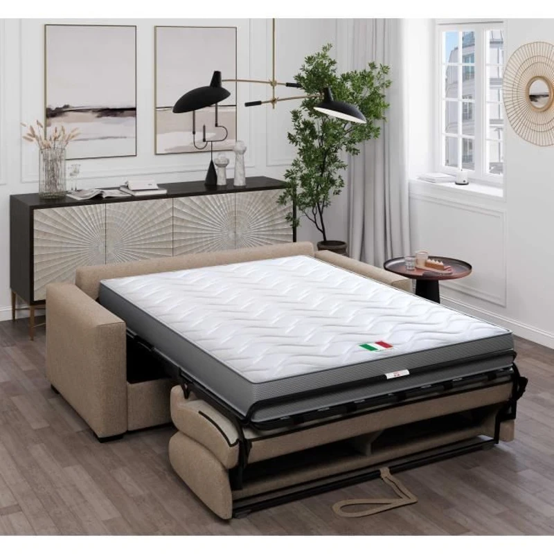 Canapé convertible express JOHN - 3 places - Tissu beige - 190 x 100 x 87 cm