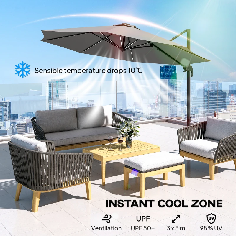 Outsunny 3(m) Adjustable Cantilever Parasol with Base, Solar LED Lights, Light Grey