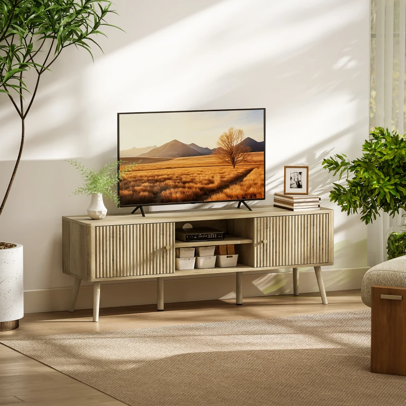 HOMCOM TV-Möbel, TV-Möbel bis 65 Zoll mit 2 Türen, 2 offenen Fächern, verstellbarer Regal, 140x35x49cm, Eiche