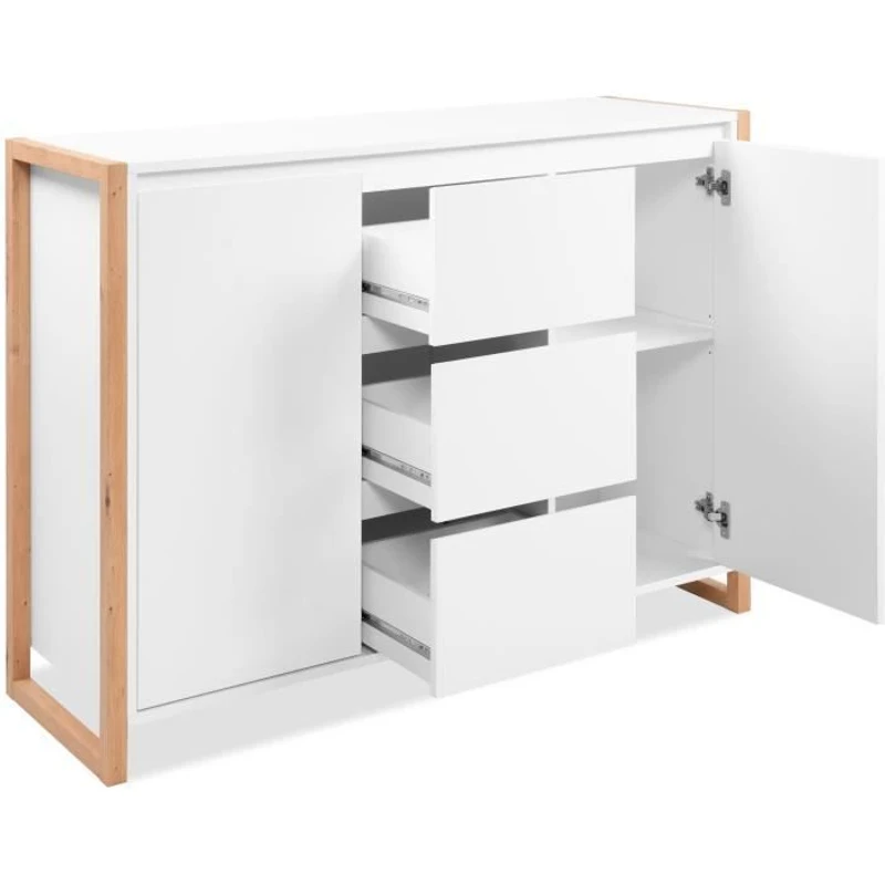 Buffet - DENVER - Chene artisan / Blanc - 2 portes - 3 tiroirs - 120 x 40 x 88 cm