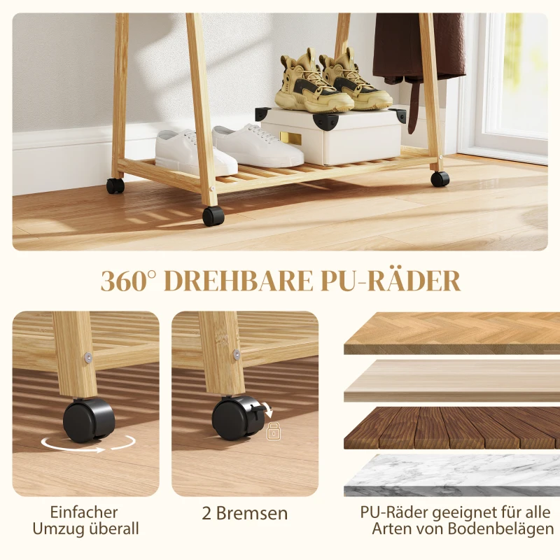 HOMCOM Kapstok, 2 onderste planken, 67 cm lange kapstok, Bamboe, Wielen