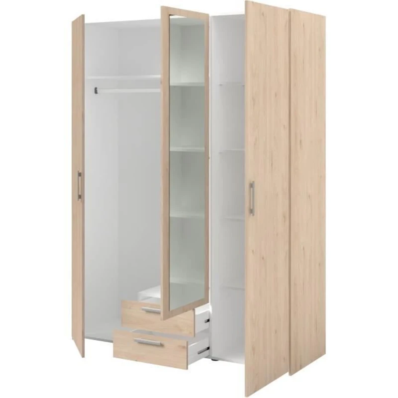 Armoire VARIA - Décor chene - 3 portes  + 2 tiroirs + miroir -  L 150 x H 200 x 51 cm