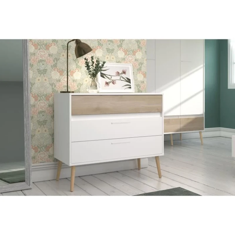 Commode - AALBORG - 3 tiroirs - Blanc - Style scandinave -  90,8 x 40 x 77,5 - PARISOT
